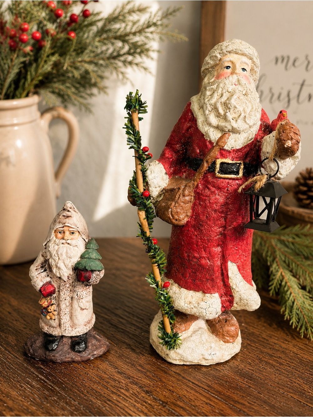 Santa Figurine Set of 2 Crackle Design Vintage Russ Berrie Legend of Saint Nick
